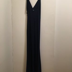 Long navy blue dress.